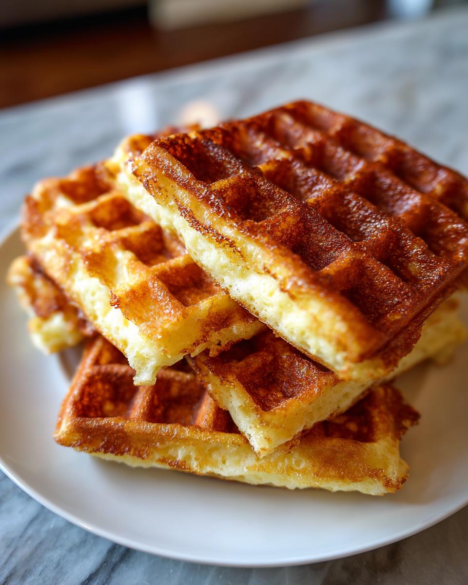 A close-up stack of golden brown, crispy Belgian waffles resting on a white plate.