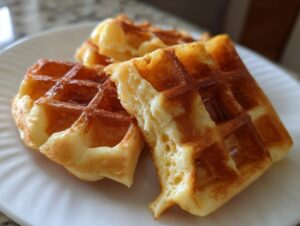 Close-up of fluffy, golden Belgian waffles drizzled with syrup on a white plate.