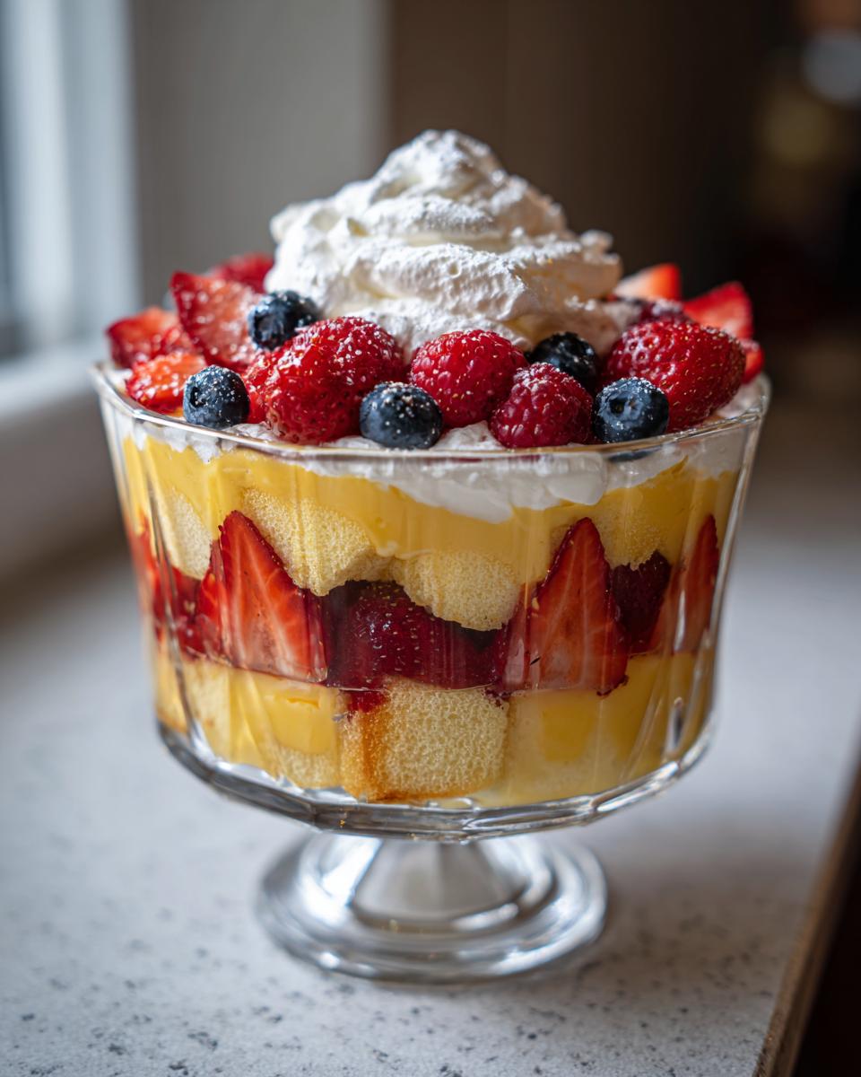 Close-up of a beautiful berry Trifle featuring layers of sponge cake, custard, strawberries, blueberries, and topped with whipped cream.