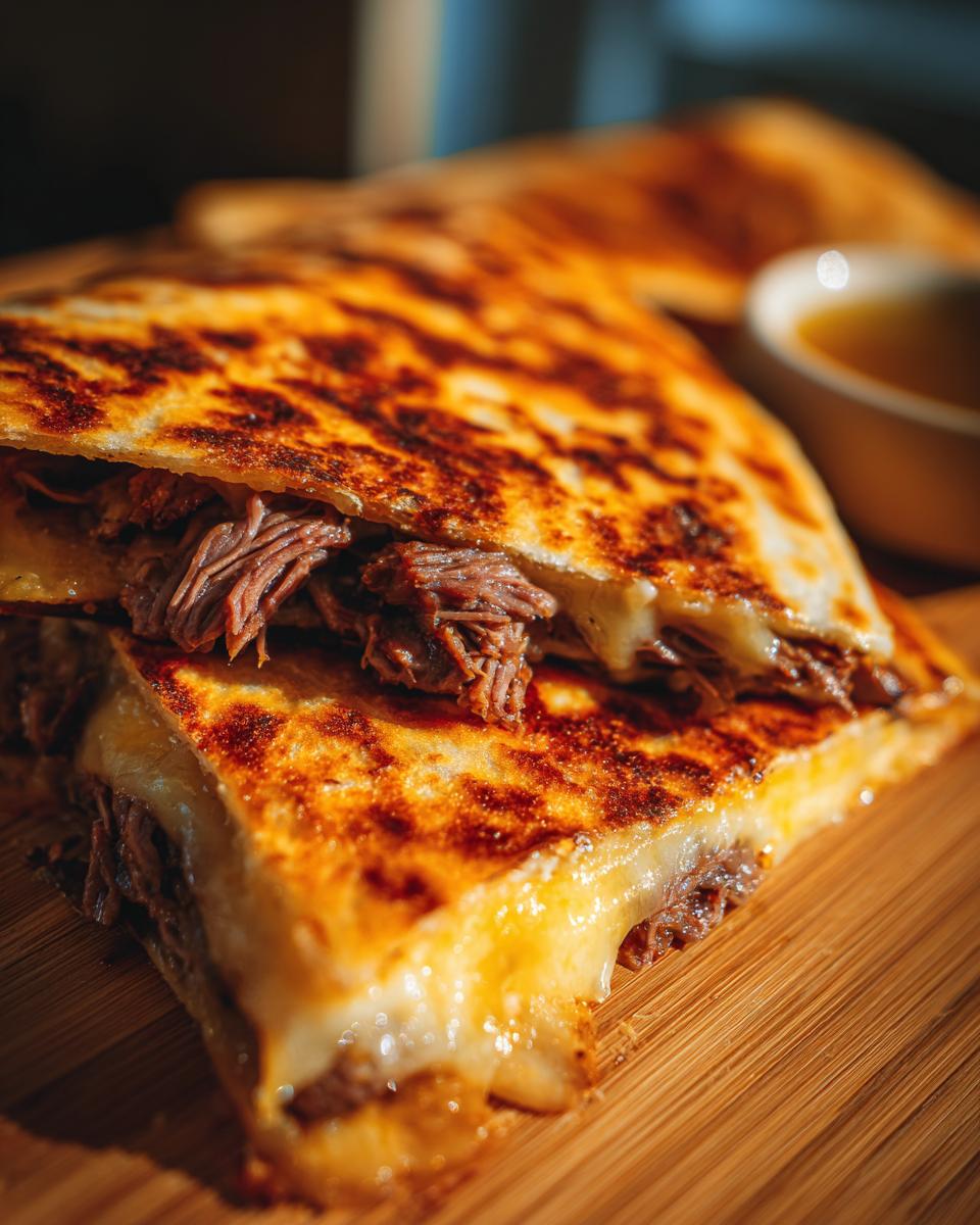 Close-up of a cheesy Birria taco, showcasing tender shredded beef and melted cheese inside a crispy tortilla.