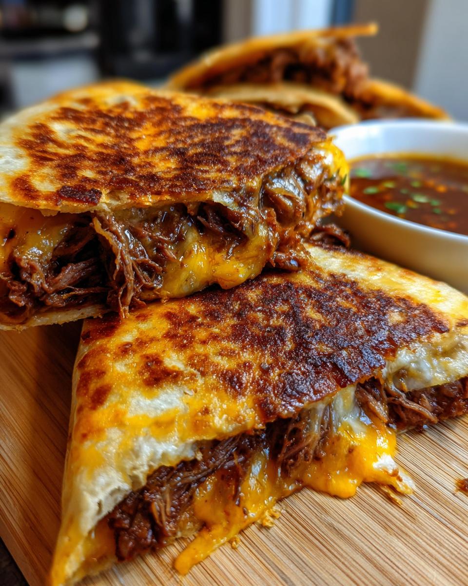 Close-up of cheesy birria tacos, filled with shredded beef and melted cheese, served with a side of consommé.