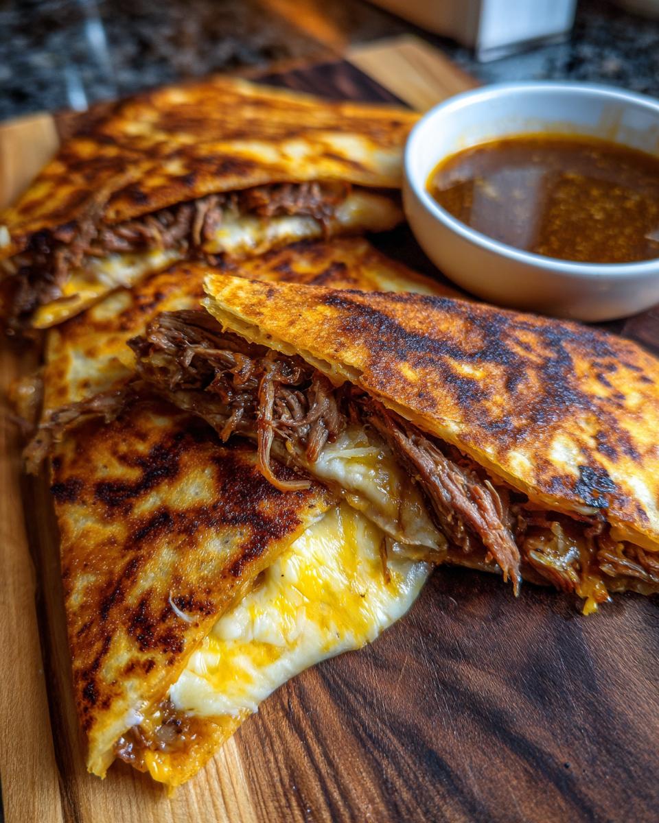 Close-up of cheesy, crispy birria tacos filled with shredded beef, served with a side of consommé.