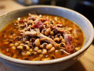 Close-up of a bowl filled with delicious black-eyed peas and tender shredded ham.