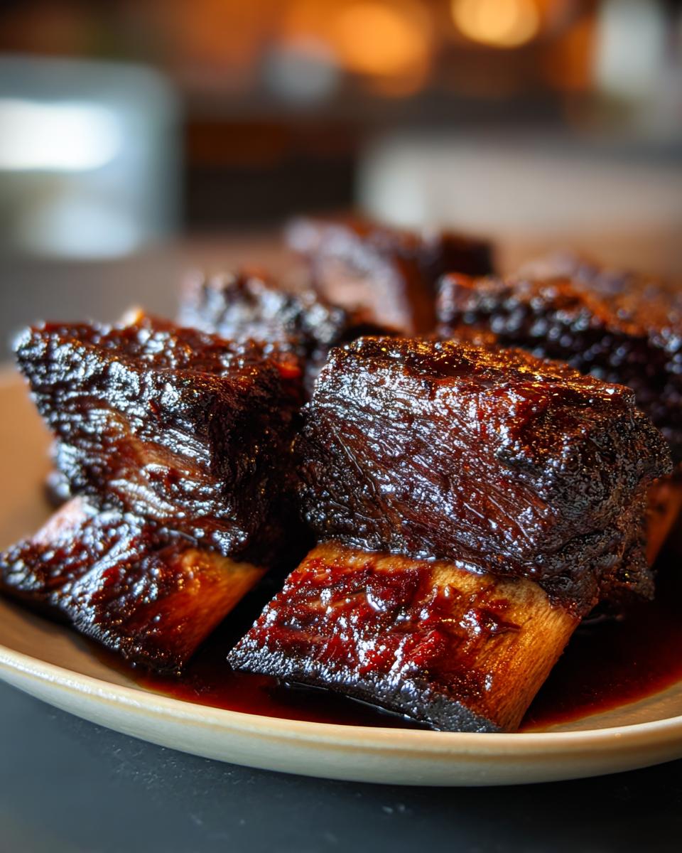 Close-up of tender braised short ribs glistening with a rich sauce, served on a plate.