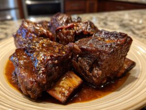 Close-up of tender, glossy braised short ribs in a rich sauce, ready to be served.