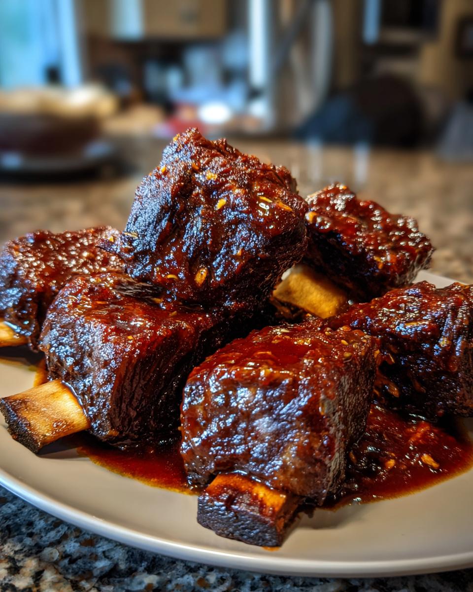Close-up of tender braised short ribs coated in a rich, glossy glaze, served on a plate.