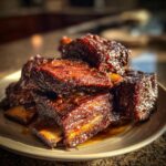A close-up of a plate piled high with glistening, tender braised short ribs.