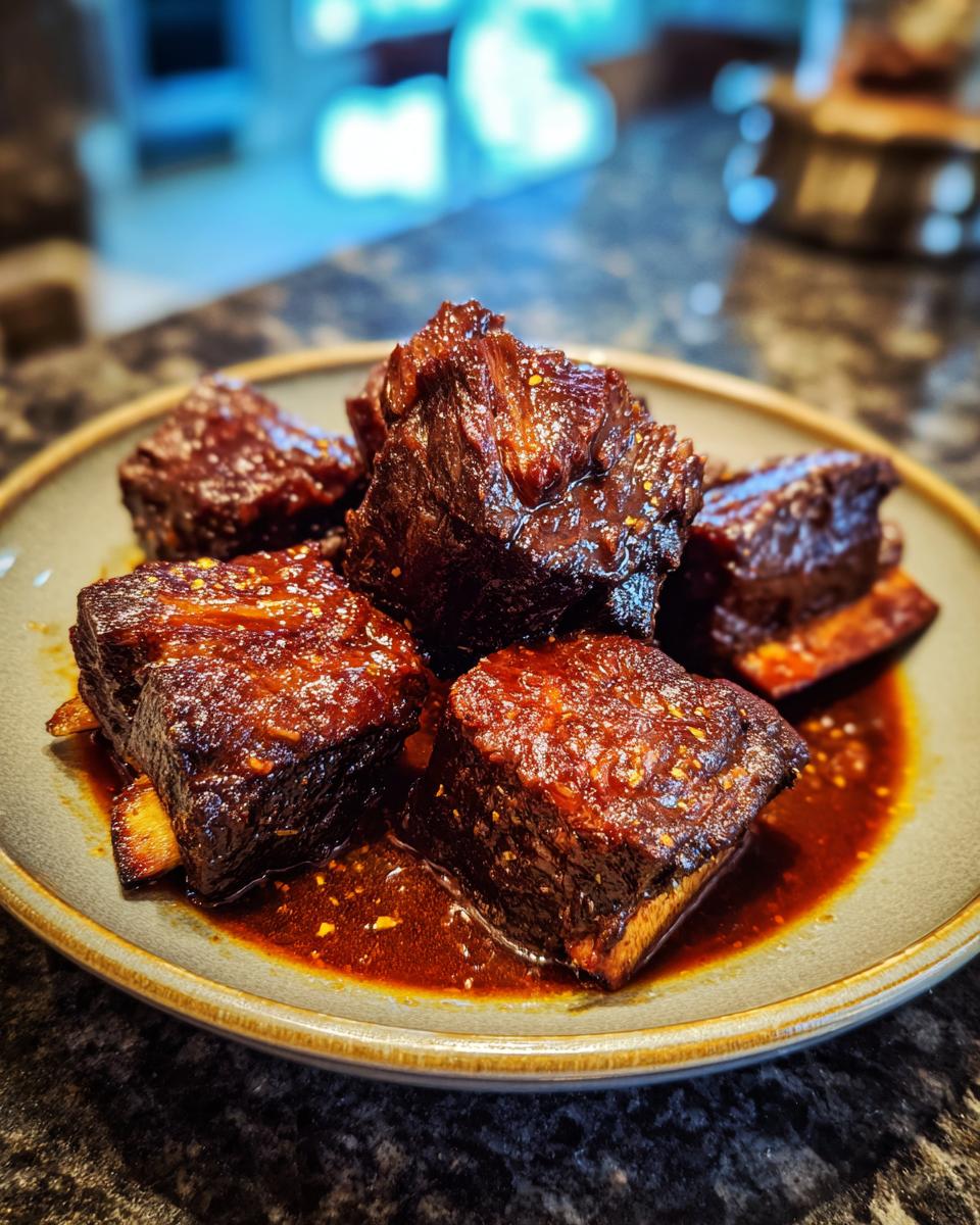 A close-up of tender braised short ribs coated in a rich, glossy sauce, served on a grey plate.