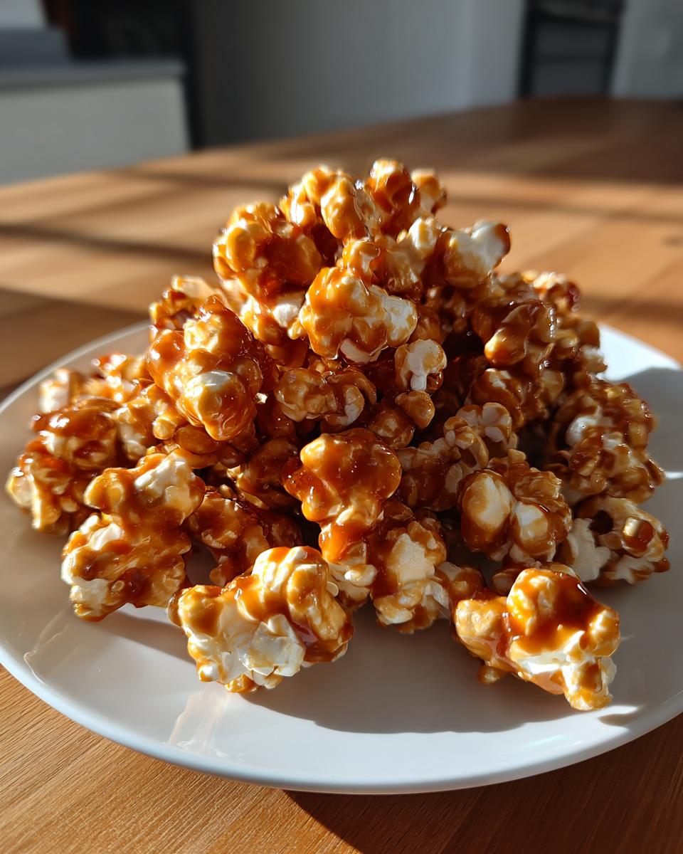 A mound of freshly made, glossy caramel popcorn piled high on a white plate, ready to eat.