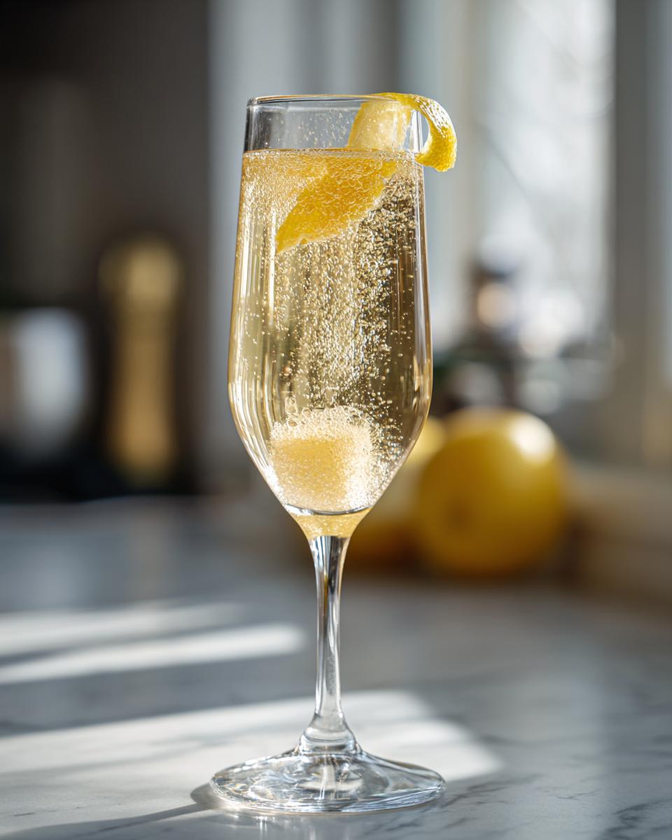 A tall flute glass holding a bubbly Champagne cocktail fizz with a sugar cube dissolving and lemon twist garnish.