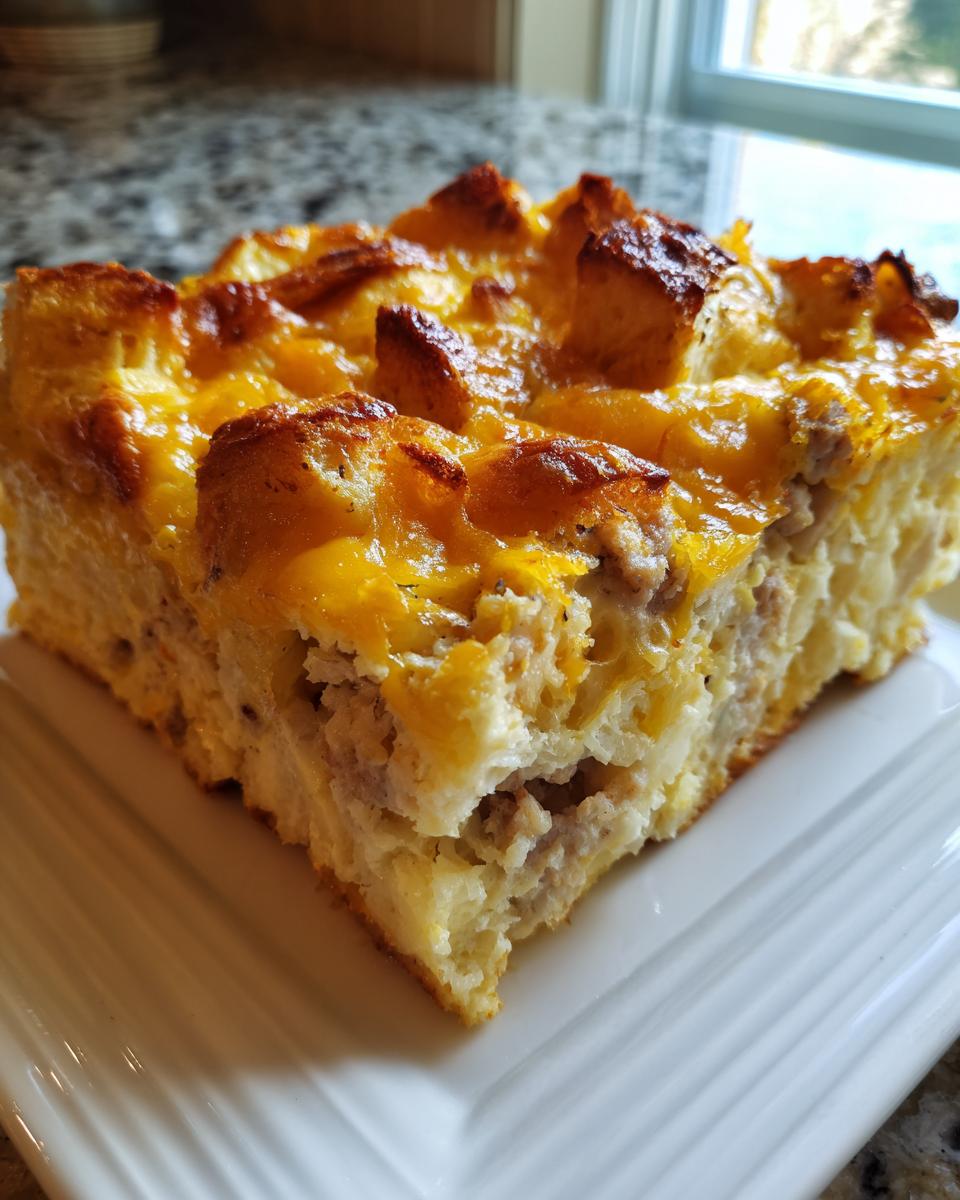 A close-up of a square slice of savory breakfast casserole topped with melted cheddar cheese.