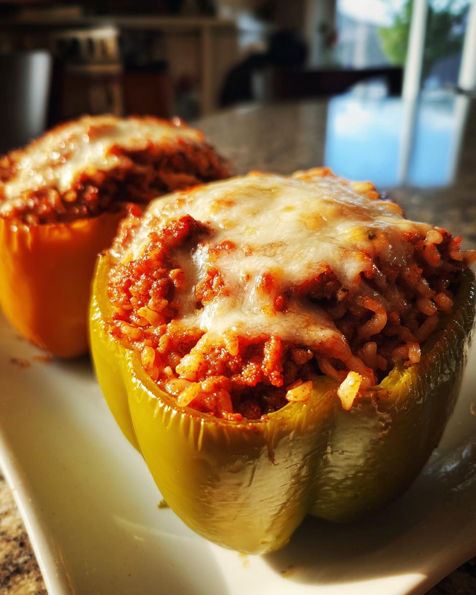 Two delicious stuffed peppers, one green and one orange, topped with melted cheese, ready to be served.