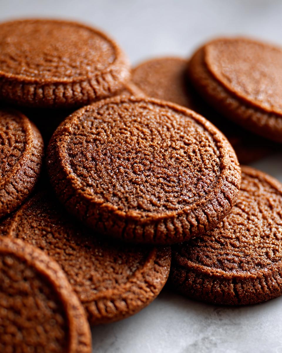 A close-up, macro shot of a pile of chewy gingerbread cookies, showcasing their textured surface and rich brown color.