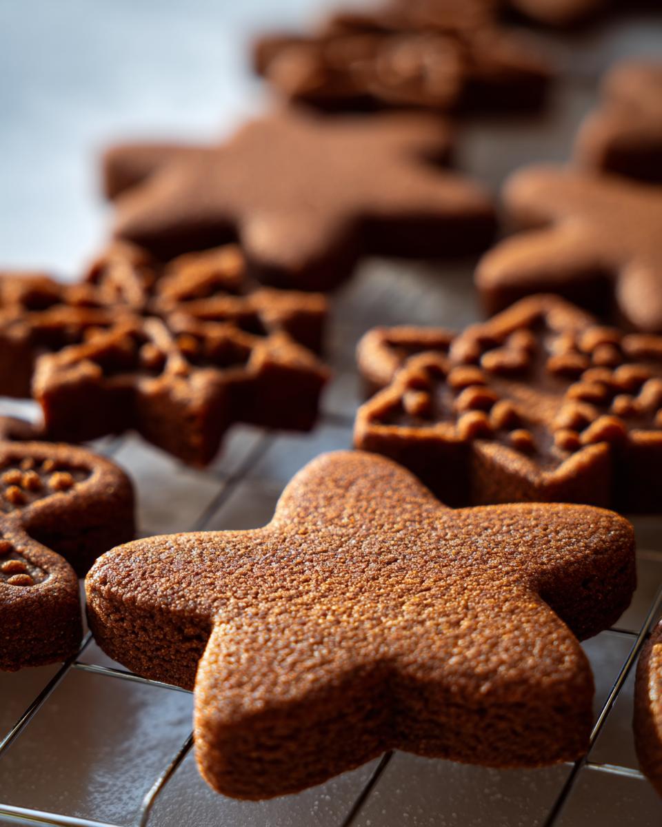 Close-up of freshly baked chewy gingerbread cookies in various festive shapes on a cooling rack.