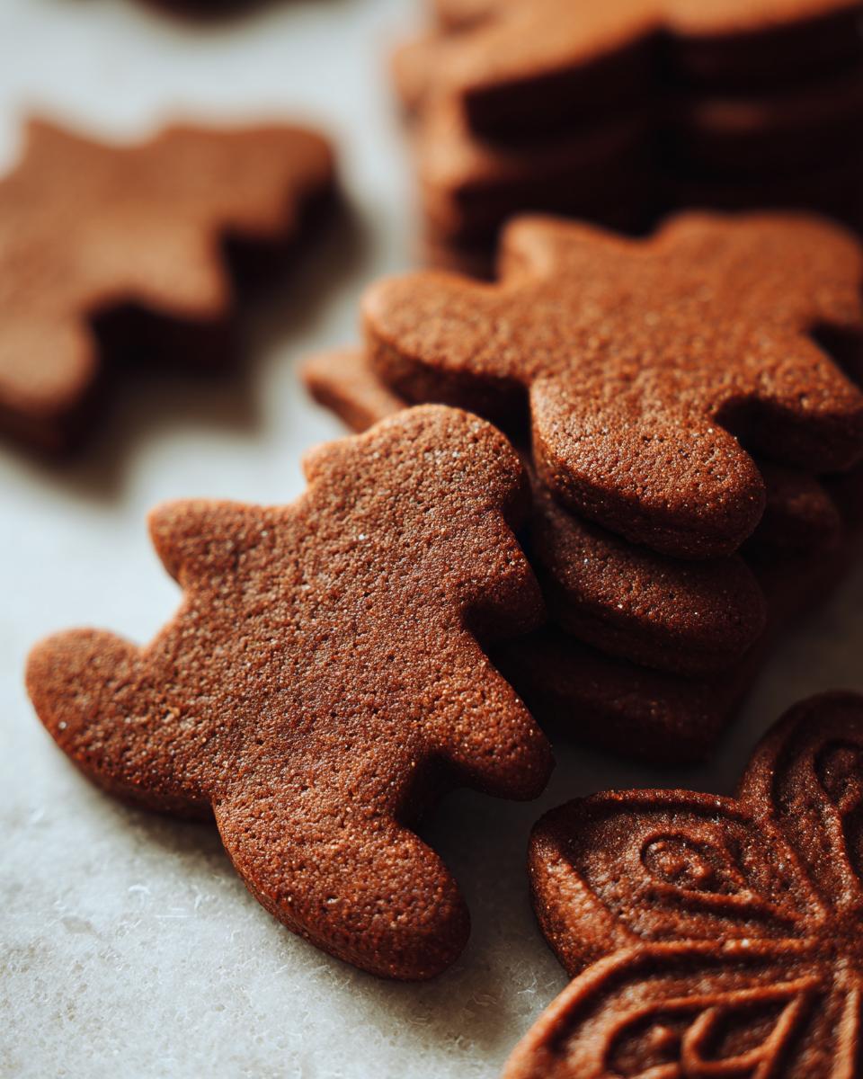 Close-up of chewy gingerbread cookies in gingerbread man shapes, stacked and scattered.