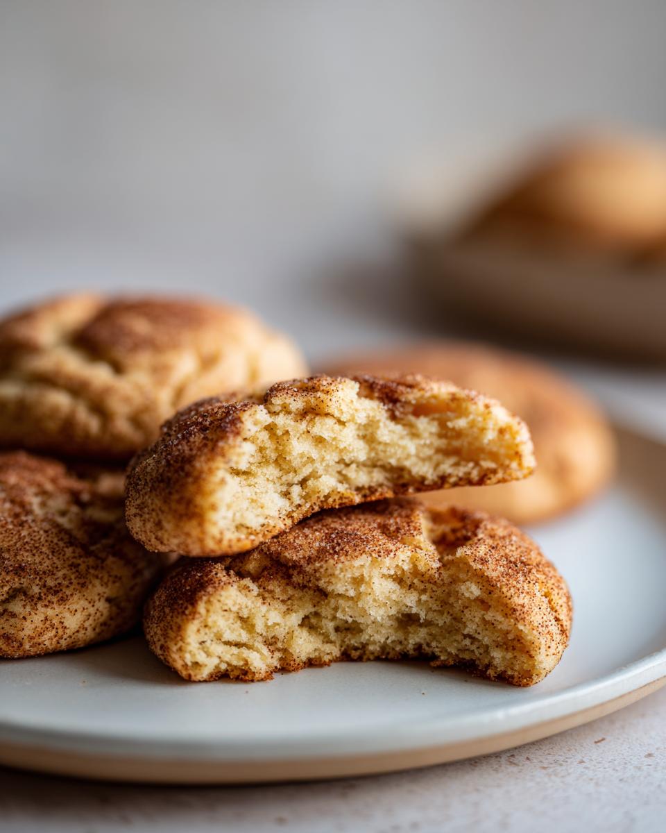 Close-up of two chewy snickerdoodle cookies, one broken in half, revealing a soft interior and cinnamon-sugar coating.