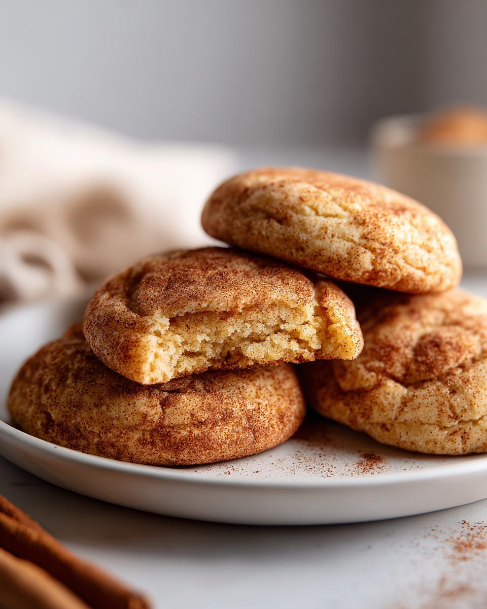 A stack of four chewy Snickerdoodle cookies, dusted with cinnamon sugar, with one cookie broken in half.