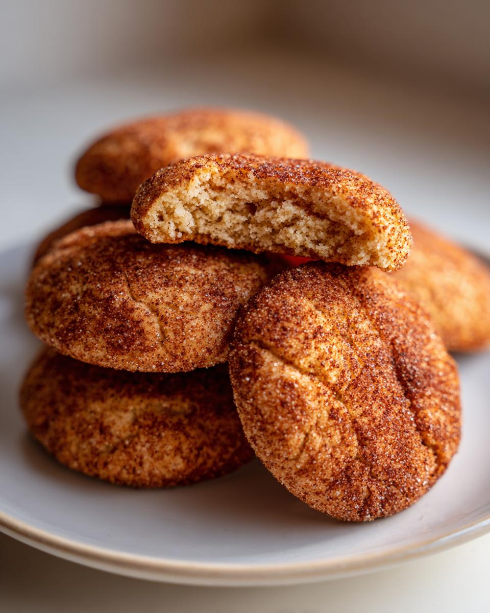 A stack of chewy Snickerdoodle cookies, with one cookie broken in half to show the soft interior.