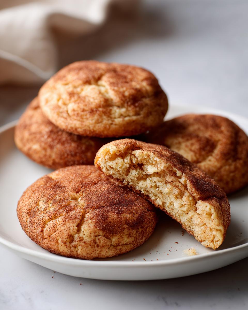 A close-up of several chewy Snickerdoodle cookies, one broken in half, revealing a soft interior.
