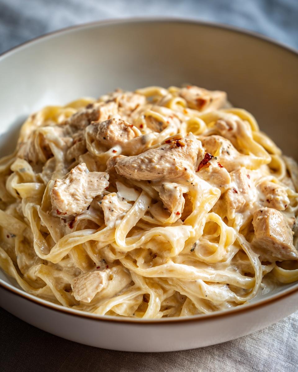 Close-up of a bowl of creamy Chicken Alfredo pasta with fettuccine noodles and tender chicken pieces.