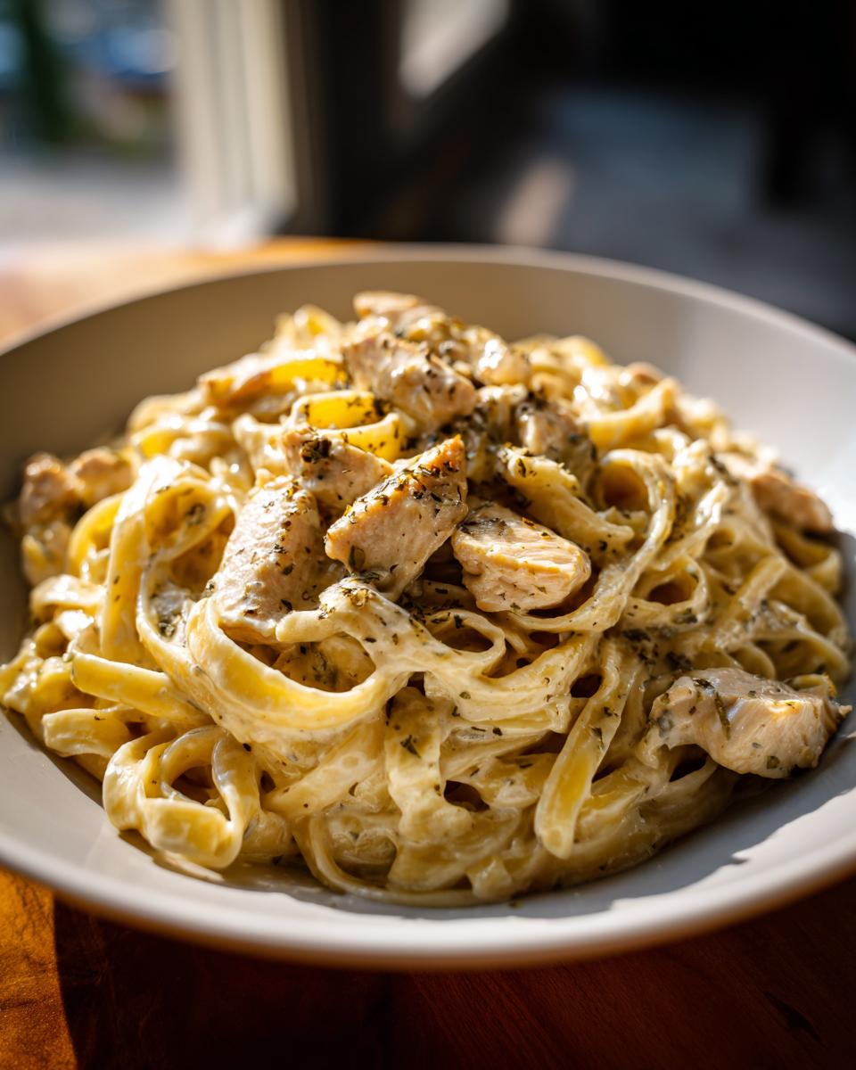 A close-up of a bowl of creamy Chicken Alfredo pasta, featuring fettuccine noodles, tender chicken pieces, and a rich Alfredo sauce, sprinkled with herbs.