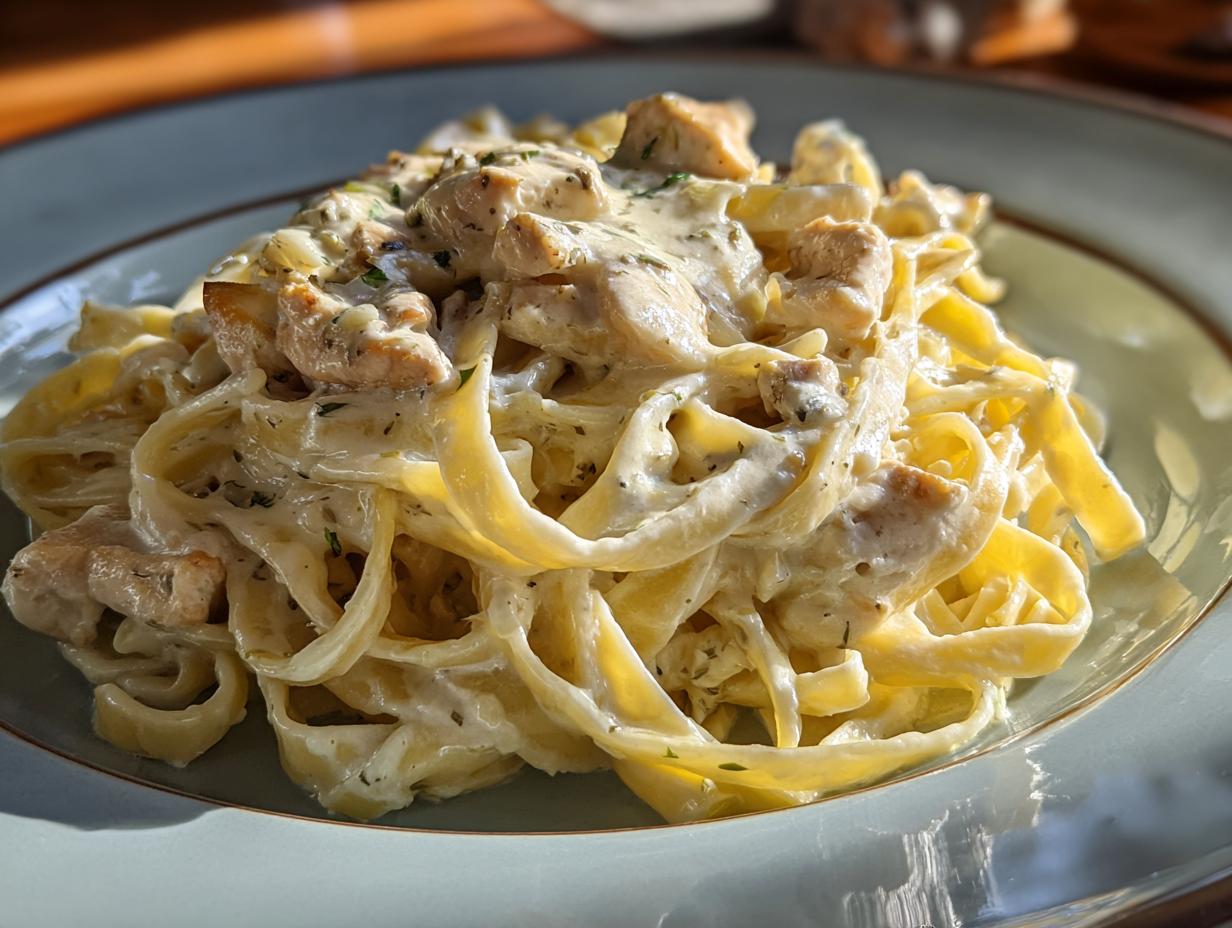 A close-up of a plate of creamy Chicken Alfredo pasta with tender chicken pieces and fettuccine.