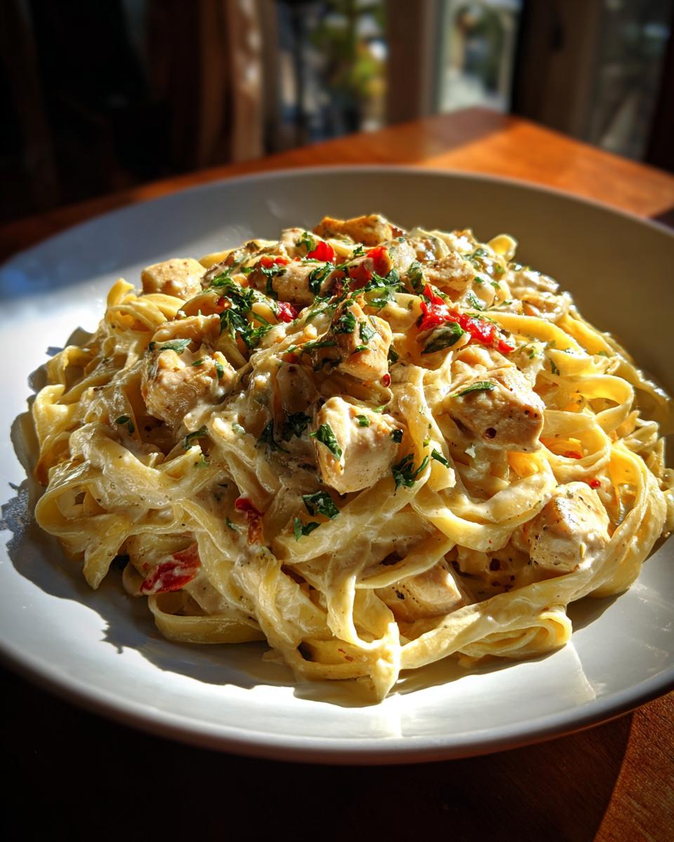 A close-up of creamy Chicken Alfredo pasta with fettuccine noodles, tender chicken pieces, and fresh parsley garnish.