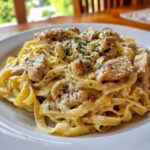 A close-up of creamy Chicken Alfredo pasta with fettuccine noodles, tender chicken pieces, and fresh parsley.