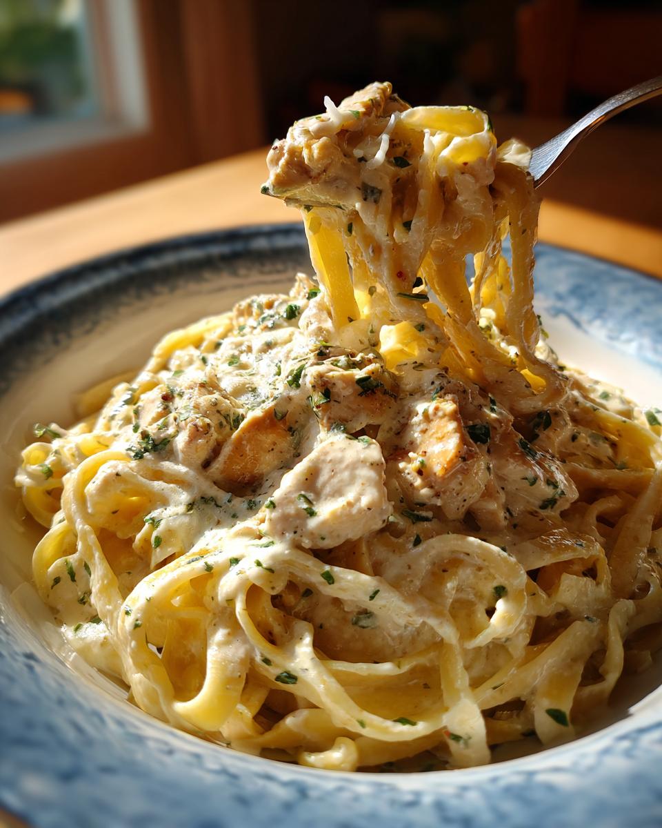 A fork lifts a generous portion of creamy Chicken Alfredo pasta, showing tender chicken pieces and fettuccine noodles coated in rich sauce and sprinkled with parsley.