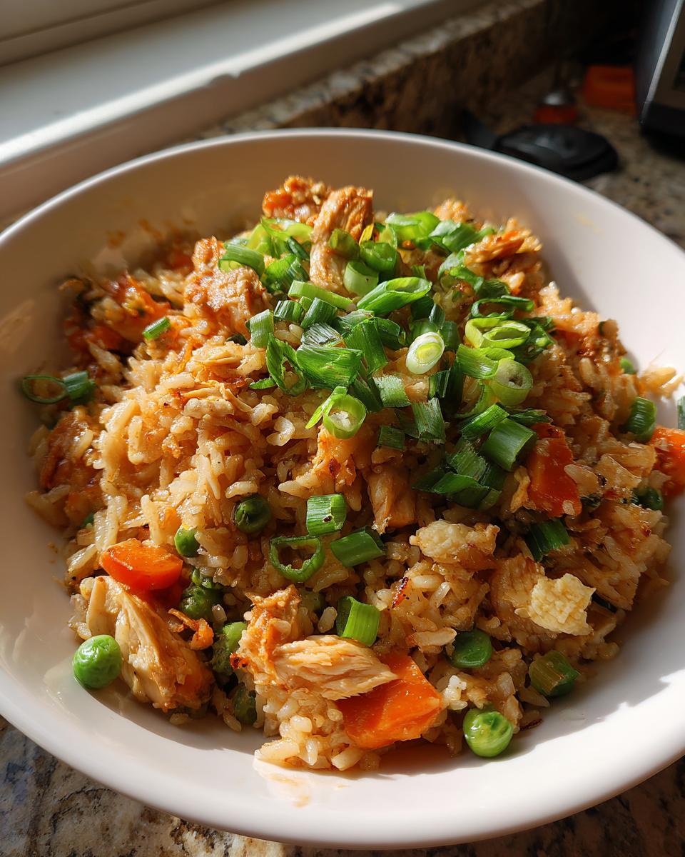 A close-up of a bowl of homemade Chicken Fried Rice, packed with tender chicken, peas, carrots, and topped with fresh green onions.