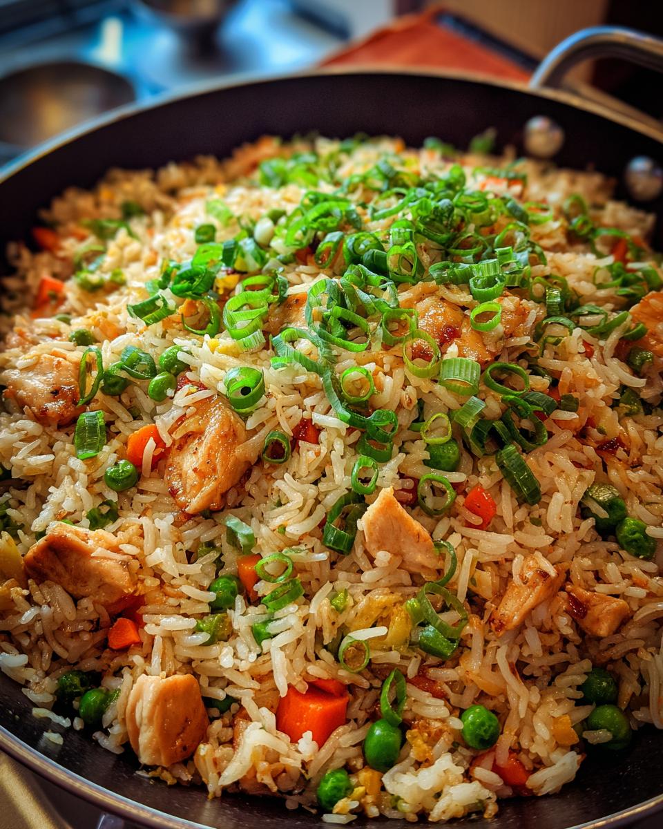 Close-up of a pan filled with fluffy chicken fried rice, loaded with tender chicken pieces, peas, carrots, and topped with fresh green onions.