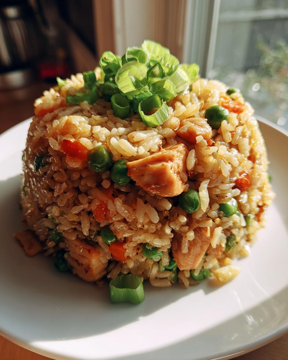 A mound of fluffy chicken fried rice, studded with tender chicken pieces, vibrant green peas, and diced carrots, topped with fresh green onions.