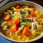 A close-up of a comforting bowl of chicken noodle soup, featuring shredded chicken, wide egg noodles, and bright orange carrot slices, garnished with fresh parsley.