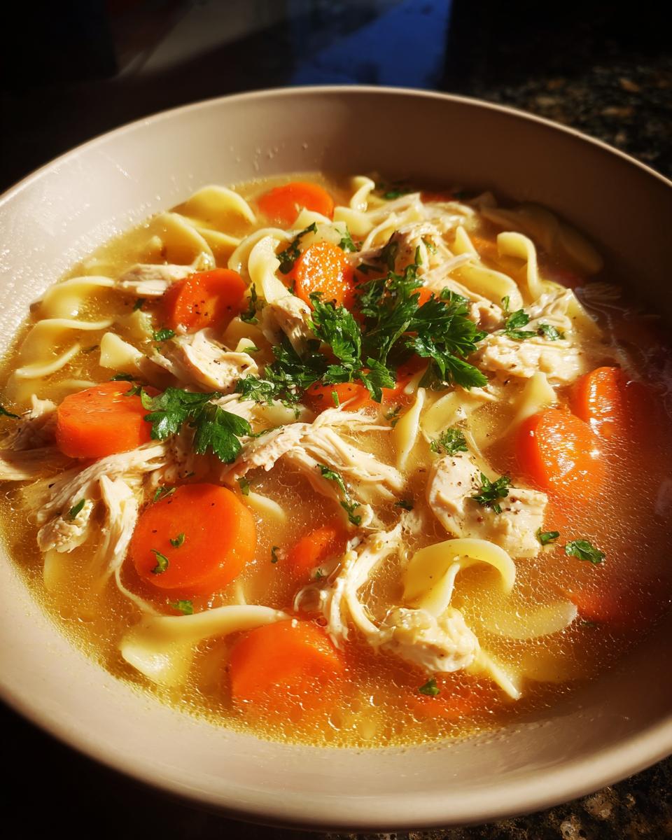 A close-up of a bowl of comforting chicken noodle soup, featuring shredded chicken, wide egg noodles, and bright orange carrot slices, garnished with fresh parsley.
