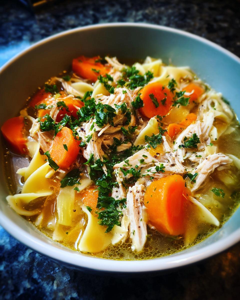 A steaming bowl of homemade chicken noodle soup, filled with shredded chicken, wide egg noodles, and chunks of carrots, garnished with fresh parsley.