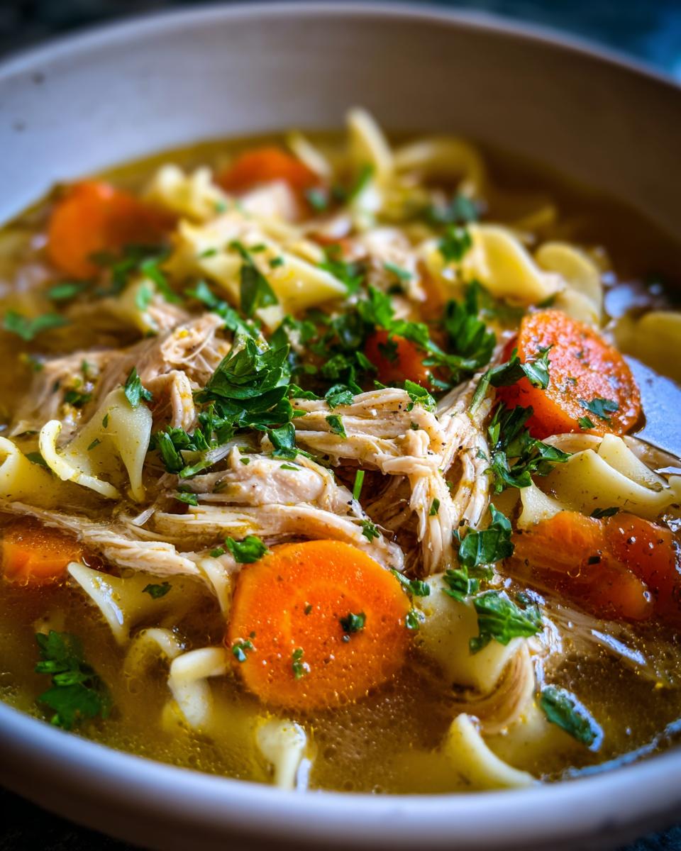 A close-up of a bowl of comforting chicken noodle soup, featuring shredded chicken, wide noodles, sliced carrots, and fresh parsley.