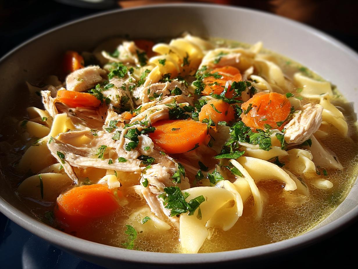 A close-up shot of a bowl of comforting chicken noodle soup with tender chicken, wide noodles, carrots, and fresh parsley.