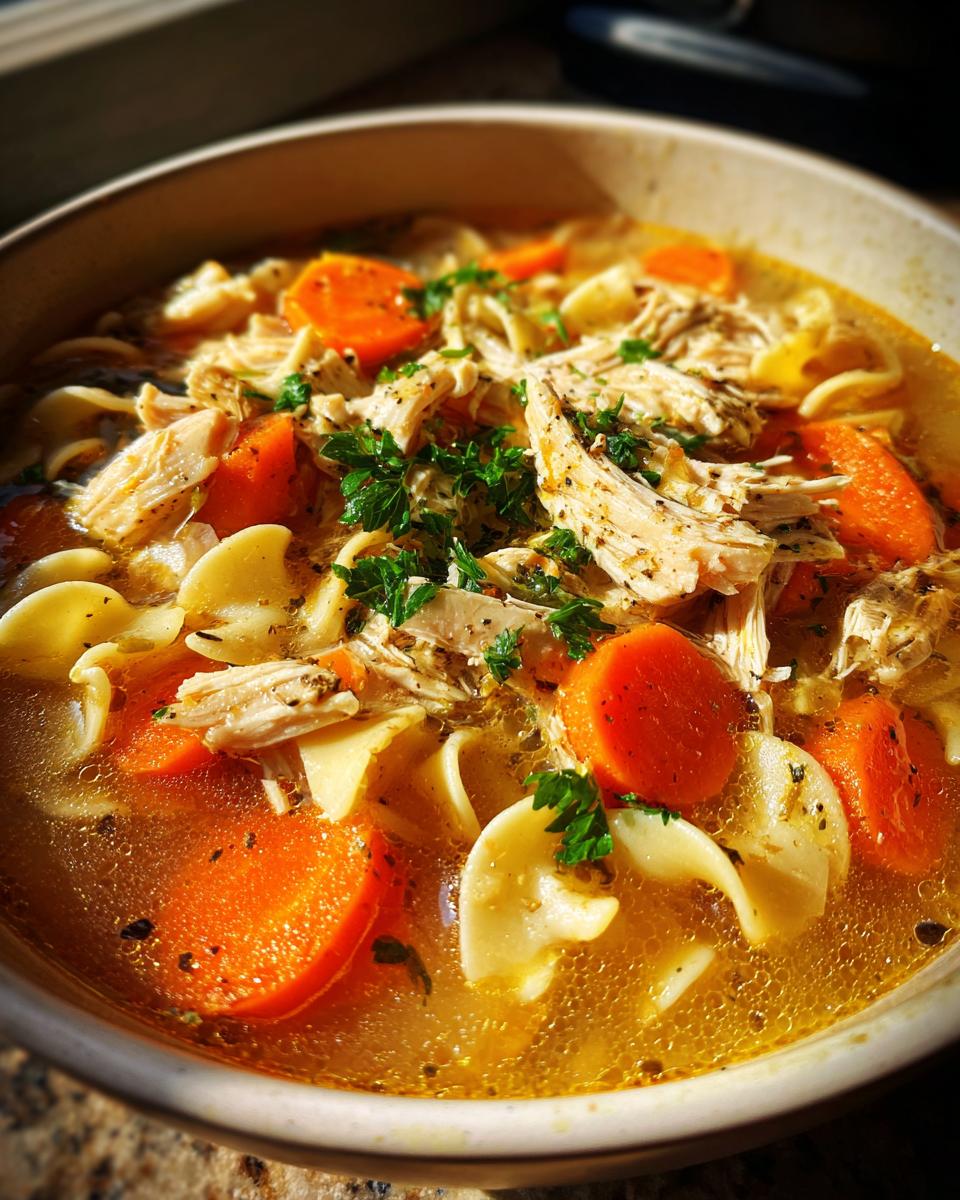 A close-up of a bowl of comforting chicken noodle soup, featuring shredded chicken, sliced carrots, egg noodles, and fresh parsley.