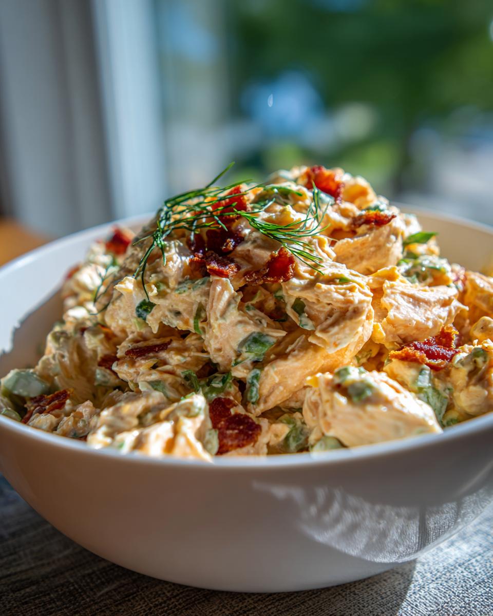 A close-up of a bowl of delicious chicken salad, topped with crispy bacon bits and fresh dill.