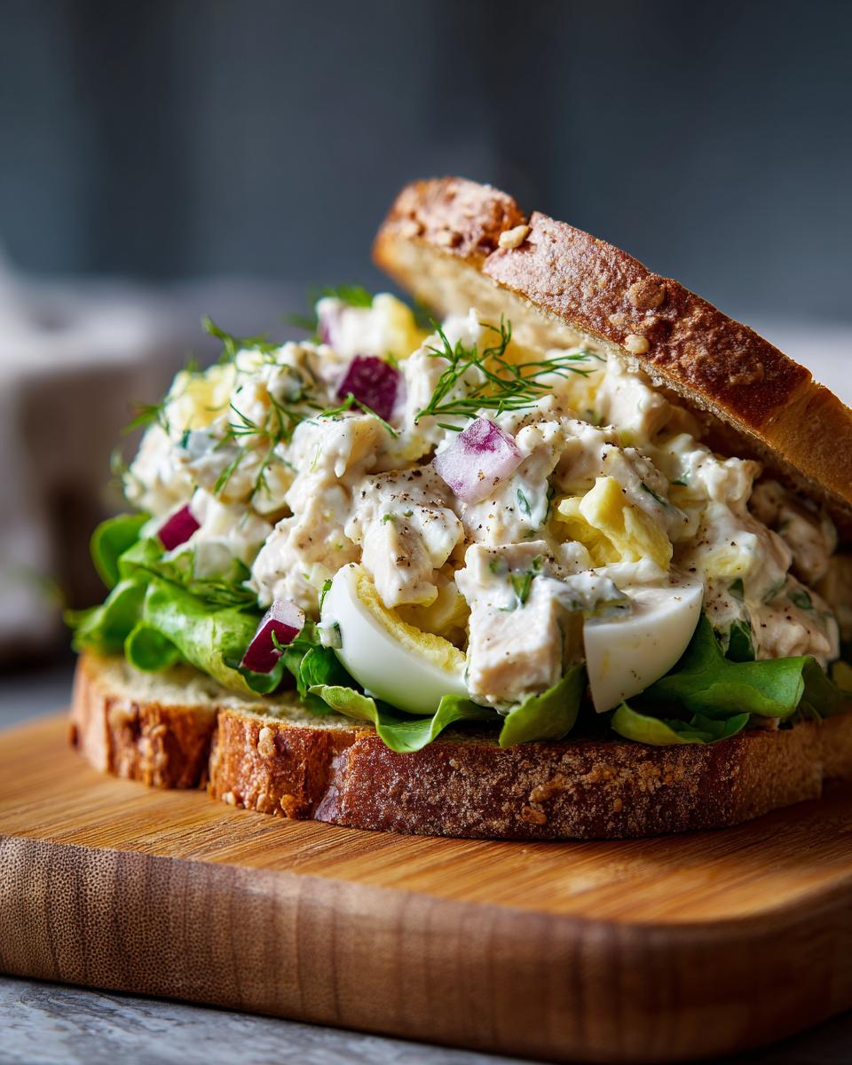 A delicious chicken salad sandwich with lettuce, hard-boiled egg, and red onion on toasted bread.