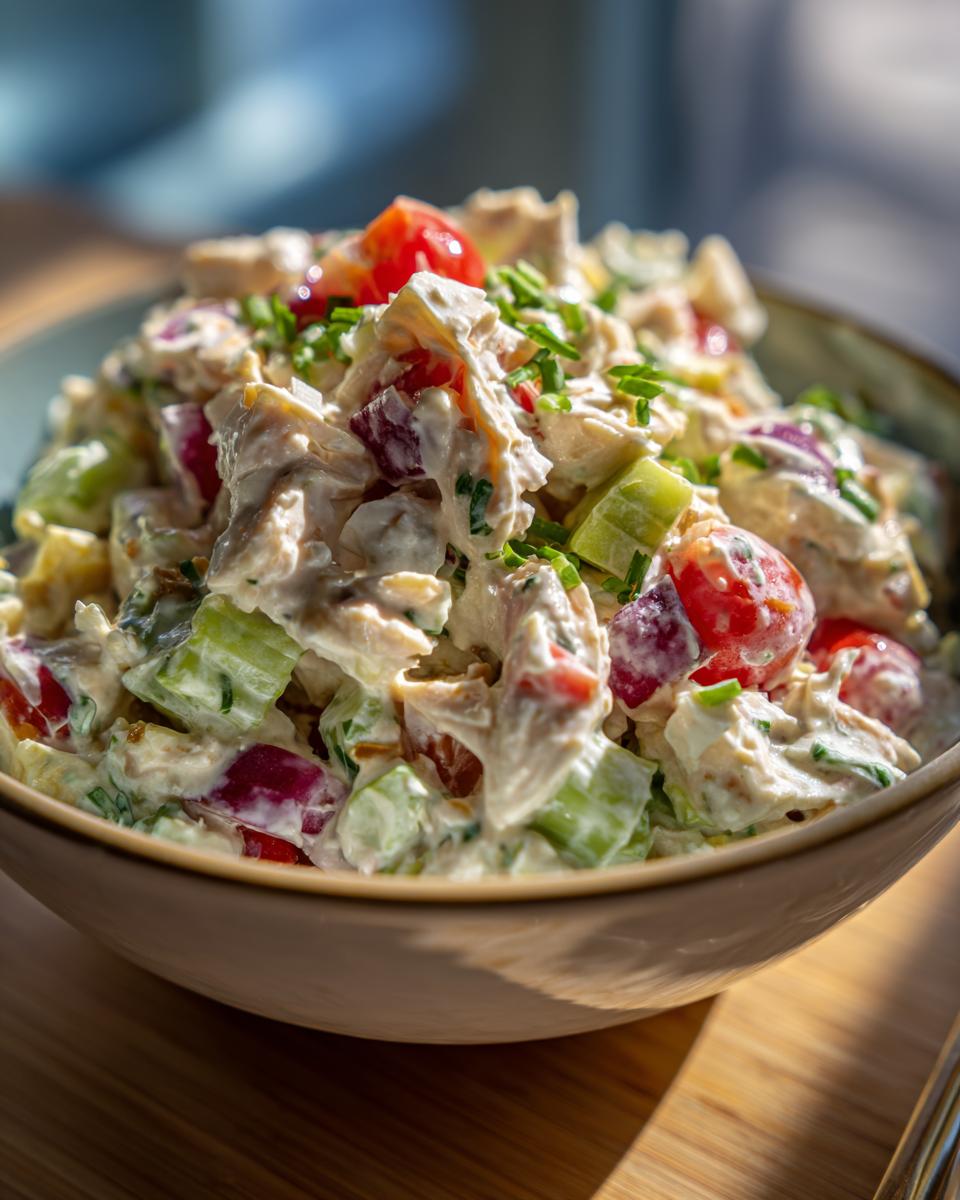Close-up of a bowl of creamy chicken salad with chunks of chicken, cherry tomatoes, and celery, garnished with chives.