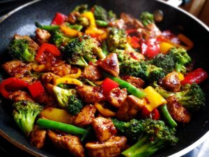Close-up of a vibrant chicken stir fry with broccoli, red and yellow bell peppers, and green beans in a dark pan.
