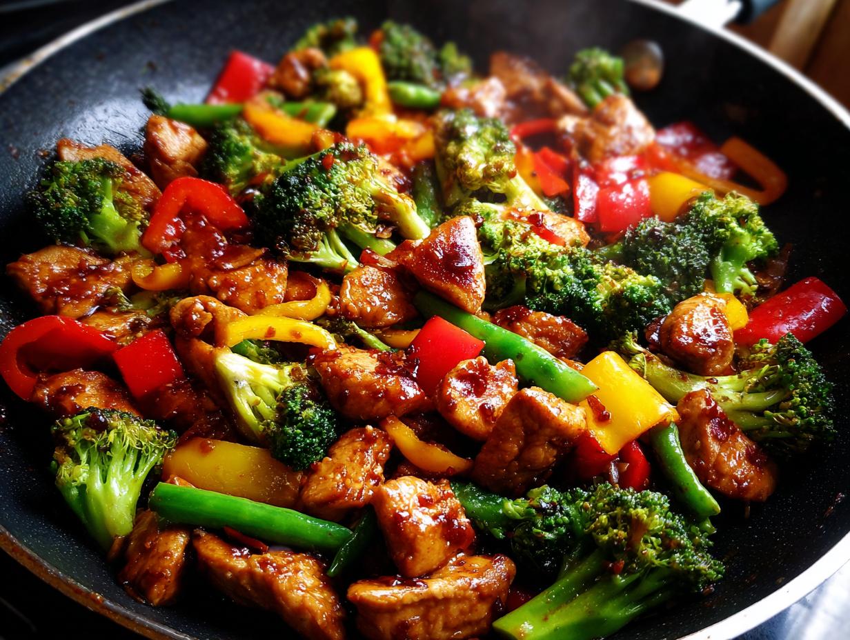 Close-up of a vibrant chicken stir fry with broccoli, red and yellow bell peppers, and green beans in a dark pan.