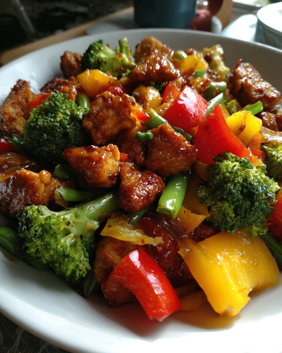 A close-up of a bowl filled with vibrant chicken stir fry, featuring tender chicken pieces, broccoli florets, red and yellow bell peppers, and green beans in a glossy sauce.