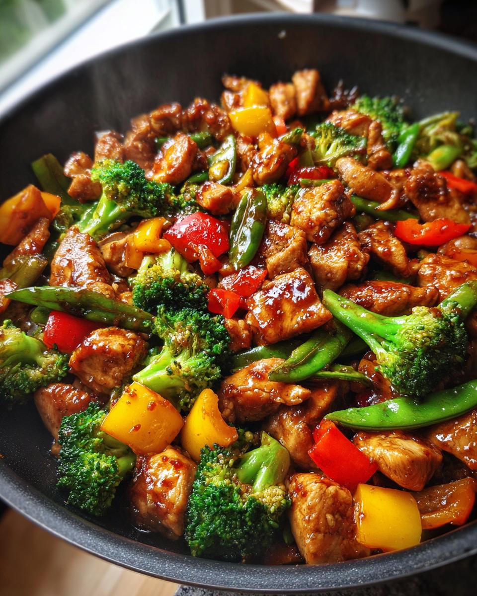 A close-up of a vibrant chicken stir fry with broccoli, bell peppers, and snap peas in a wok.