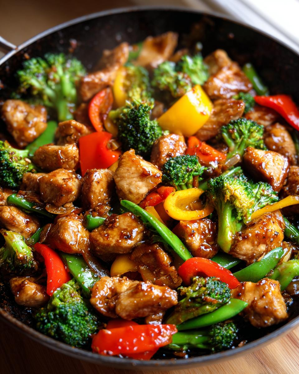 A close-up of a sizzling chicken stir fry with broccoli, bell peppers, and snap peas in a wok.