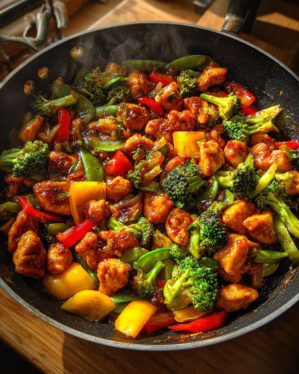 A close-up overhead view of a steaming chicken stir fry with broccoli, bell peppers, and snap peas in a black skillet.