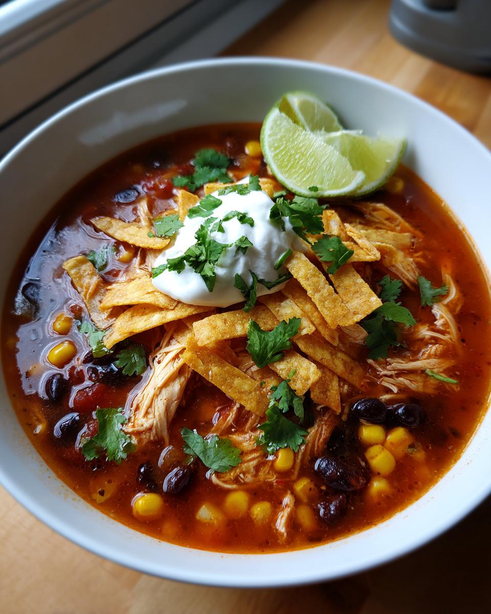 A close-up of a bowl of zesty chicken tortilla soup, topped with sour cream, cilantro, tortilla strips, and lime wedges.