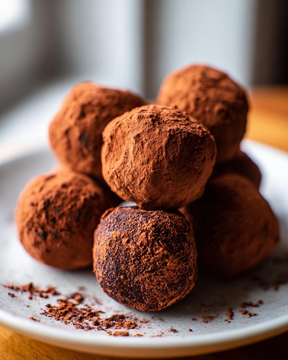 A pile of rich chocolate truffles generously dusted with cocoa powder, presented on a white plate.