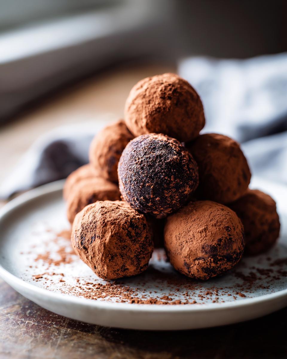 A pile of rich chocolate truffles generously coated in cocoa powder, presented on a white plate.